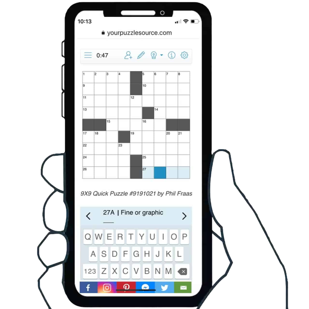 A Persons hand holding an iPhone with the iphone screen showing a crossword puzzle.