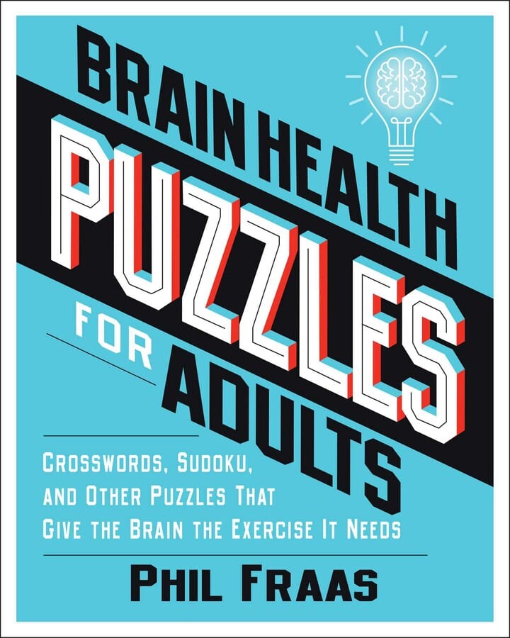 Image of Phil Fraas's Brain Health Puzzle Book for Adults, light blue with black and white letters.